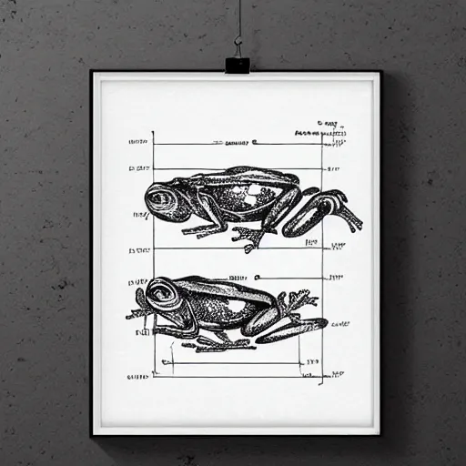 Prompt: full page antique lithograph blueprint of frogs, White background, art print, clean brush stroke