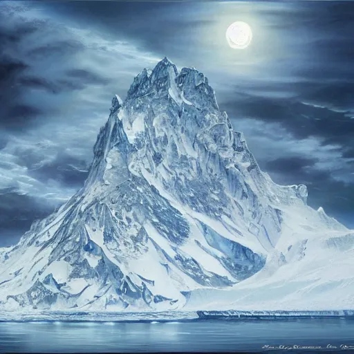 Image similar to mysteries of Antarctica glacial cult mountain god, realistic fantasy, oil painting, primeval duality, cinematic, establishing shot, extremely high detail, photo realistic, cinematic lighting, oil painting, intricate line drawings, 8k resolution