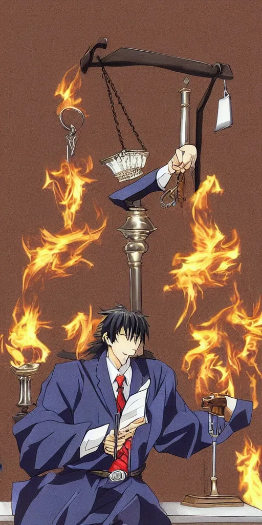 Image similar to powerful anime judge with a magic gavel on fire, in a court room with a scale on his desk, drawn by a famous anime artist, high quality, fine lines, amazing detail