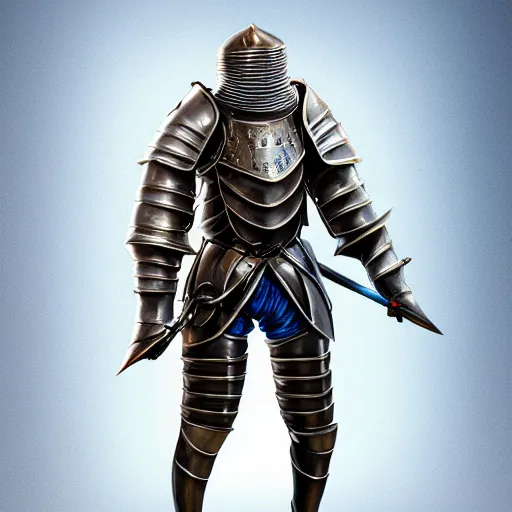 Image similar to full body knight in baroque plate armor, polished metal, blue hue, dramatic rim light, cinematic lighting, full character design, digital painting, hyper realistic, trending on artstation