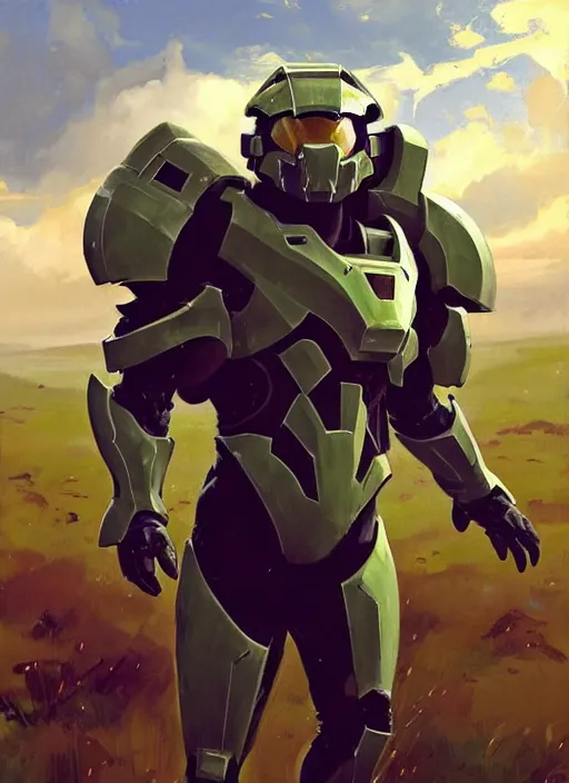 Image similar to Greg Manchess painting of a Corgi in a combination of Metroid Prime Armor and Forerunner Armor from Halo, countryside, calm, fantasy character portrait, dynamic pose, above view, sunny day, thunder clouds in the sky, artwork by Jeremy Lipkin and Giuseppe Dangelico Pino and Michael Garmash and Rob Rey, very coherent asymmetrical artwork, sharp edges, perfect face, simple form, 100mm