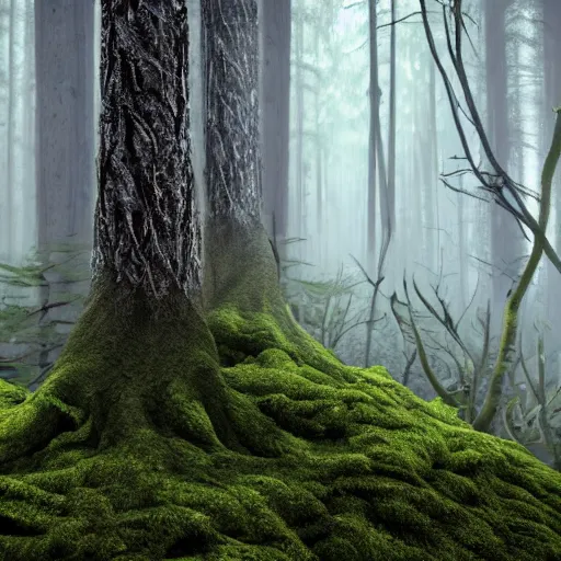 Prompt: Foggy forest with huge trees overgrown with moss and lianas, a hunter with weapons in diesel-punk style cautiously walks between the roots. 4K 64 megapixels 8K resolution DSLR filmic HDR Kodak Ektar wide-angle lens 3D shading Behance HD CGSociety Cinema 4D IMAX shadow depth rendered in Blender Unreal Engine hyperrealism photoillustration, lots of reflective surfaces, subsurface scattering