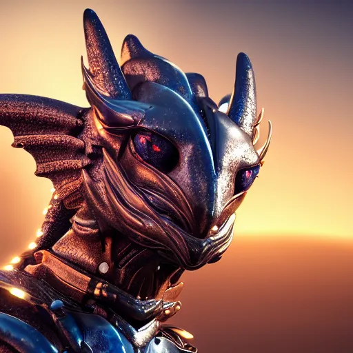 Prompt: a highly detailed close-up bust, of a beautiful majestic anthropomorphic robot female dragon, with smooth and streamlined mechanical armor, standing and posing elegantly in front of the camera, well detailed head with LED eyes, two arms, massive wings, artstation, DeviantArt, professional, octane render, sunset lighting