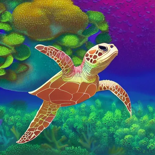 Prompt: a beautiful matte digital painting of a light-green sea turtle swimming over an red-orange coral reef through blue-violet waters, triadic color palette, painted in the style of National Geographic, trending on artstation hq