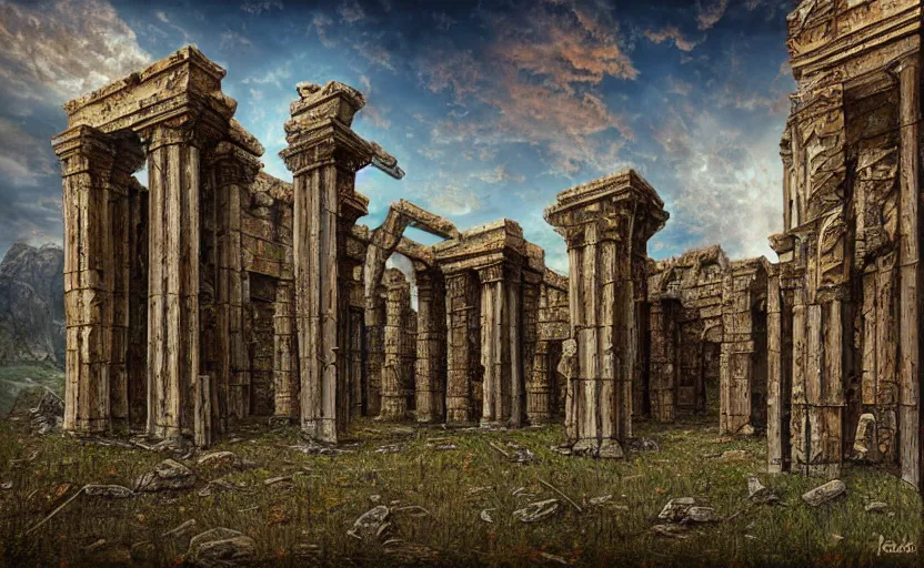 Prompt: photorealistic ancient ruined temple by peter gric