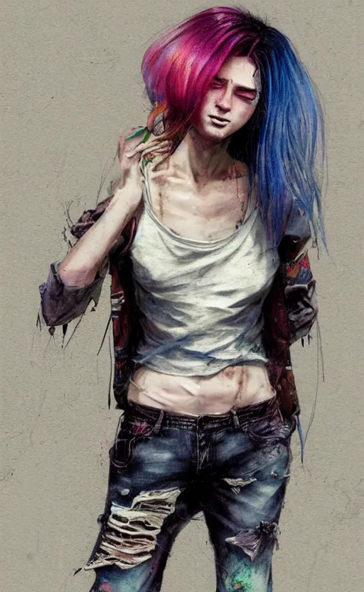 Image similar to a grungy woman with rainbow hair, drunk, soft eyes and narrow chin, dainty figure, long hair straight down, torn kawaii shirt and baggy jeans, basic white background, In style of by Jordan Grimmer and greg rutkowski, crisp lines and color,