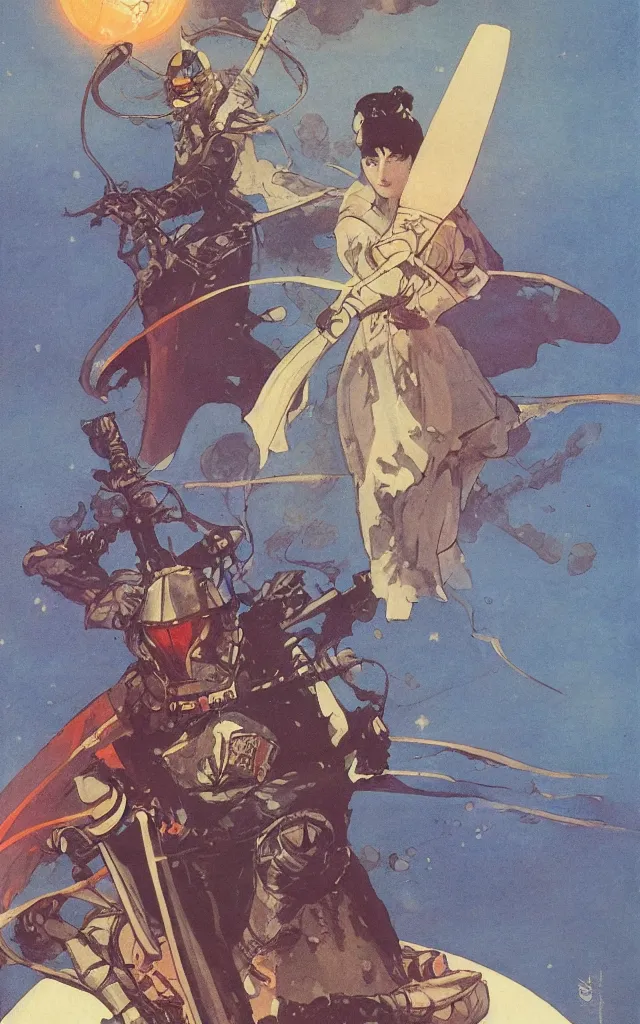 Image similar to on a strange vintage scifi planet, a samurai wizard warrior goddess with large sword, vintage scifi poster, winslow homer, moebius, roger dean, artstation