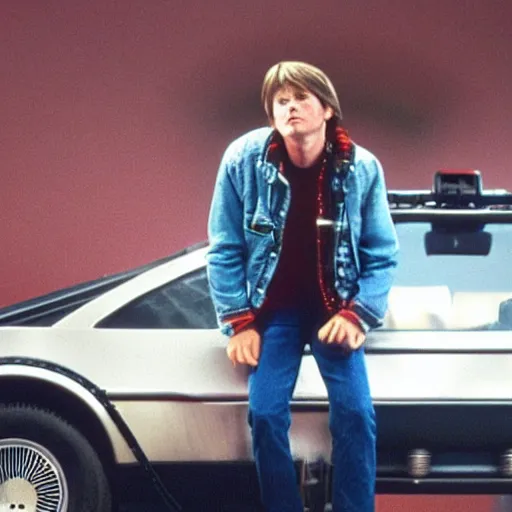 Prompt: Marty McFly listening to music with the Delorean, 80s style