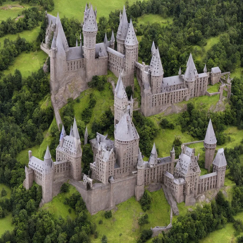 Prompt: hogwarts from the sky