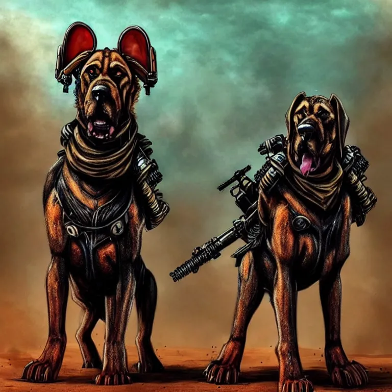 Image similar to a good ol'bloodhound pup fursona ( from the furry fandom ), heavily armed and armored facing down armageddon in a dark and gritty version from the makers of mad max : fury road. witness me.