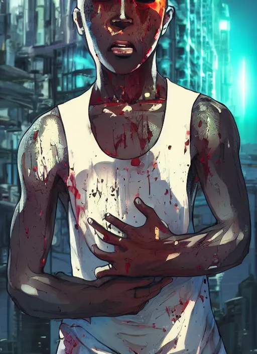 Prompt: manga cover, bloodied bald african-american male teenager wearing a white tank-top, intricate cyberpunk city, emotional lighting, character illustration by tatsuki fujimoto