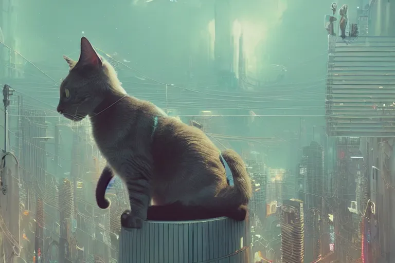 Prompt: cat high up in the sky, cyberpunk art by mike winkelmann, trending on cgsociety, retrofuturism, reimagined by industrial light and magic, darksynth, sci - fi