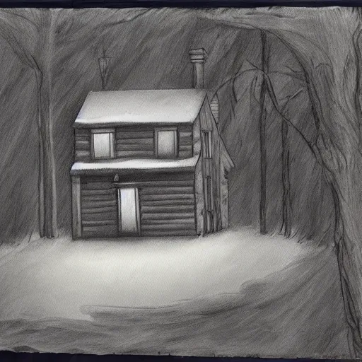 Image similar to a painting of a eerie cabin in the middle of the woods in the style of a charcoal sketch