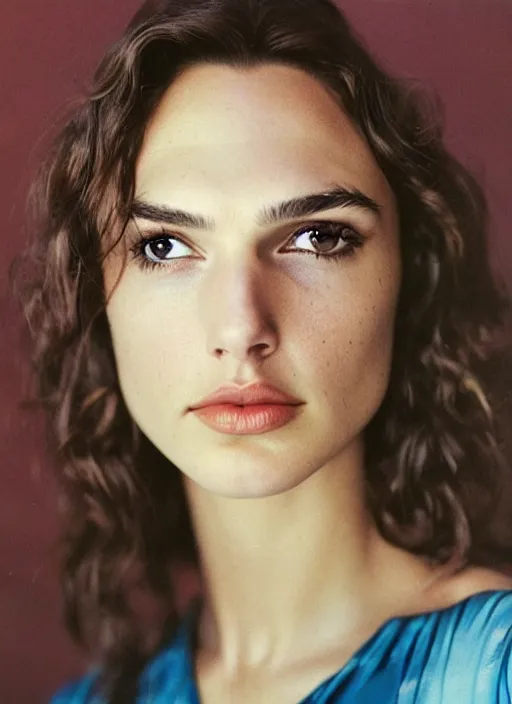 Prompt: kodak portra 4 0 0, 8 k, highly detailed, britt marling style 3 / 4 photographic close - up face of a beautiful gal gadot with 1 9 9 0 s rock hairstyle, 1 9 9 0, 1 9 9 0 s style, symmetrical, hasselblad x 1 d - 5 0 c, medium format, soft light