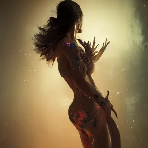 Image similar to full body pose, hyperrealistic mixed media painting of a beautiful woman, dim volumetric lighting, 8 k, octane beautifully detailed render, extremely hyper detailed, intricate, epic composition, cinematic lighting, masterpiece, trending on artstation, very very detailed, masterpiece, stunning, hdr, smooth, sharp focus, high resolution, award, winning photo, dslr, 5 0 mm