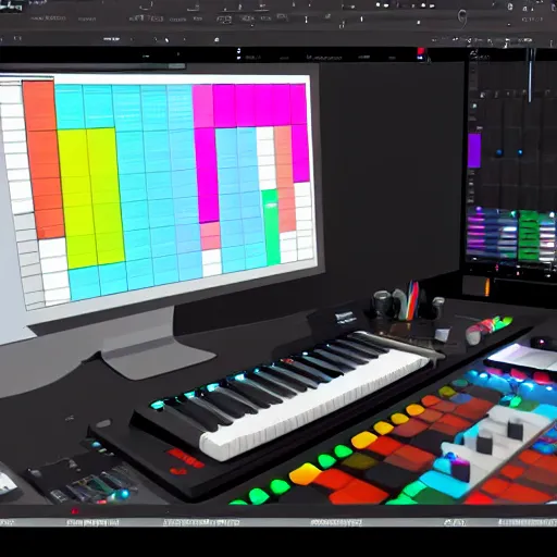 Image similar to trending on art station, cartoon music production bedroom, led music gear on desk, ableton push 2