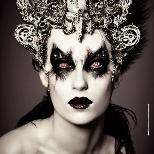 Image similar to a portrait of female model by stefan geselle, nekro borja and peter kemp, dark fantasy, ornate headpiece, dark beauty, photorealistic, canon r 3, photography