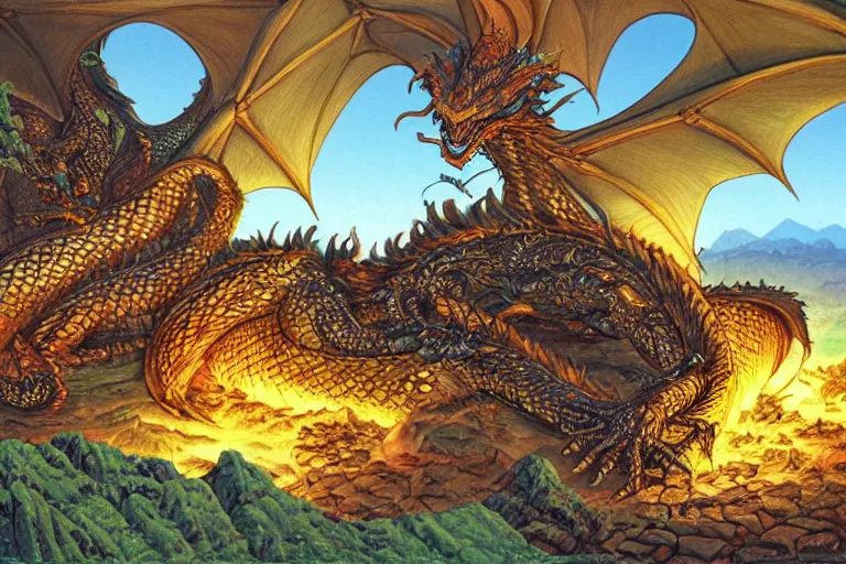 Prompt: dragon sleeping on a mountain of gold and gems in a big cavern, by Larry Elmore, masterpiece, stunning