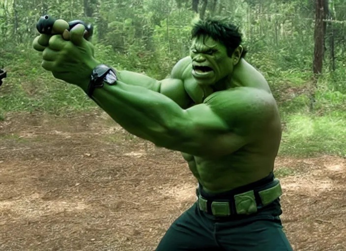 Prompt: film still of hulk playing paintball in the new avengers movie, 4 k