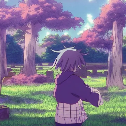 Image similar to “screenshot from anime film by makoto shintai, lush graveyard, sunny day, man alone grieving”