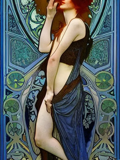 Prompt: a beautiful painting of alicia witt by Alphonse Mucha and by arthur rackham and by james jean and by Mark Brooks and by john william waterhouse, Art Nouveau, Neo-Gothic, gothic, award winning painting, hyperdetailed, detailed