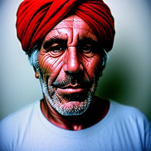 Prompt: portrait of jeffrey epstein as afghan man, green eyes and red turban looking intently, photograph by steve mccurry