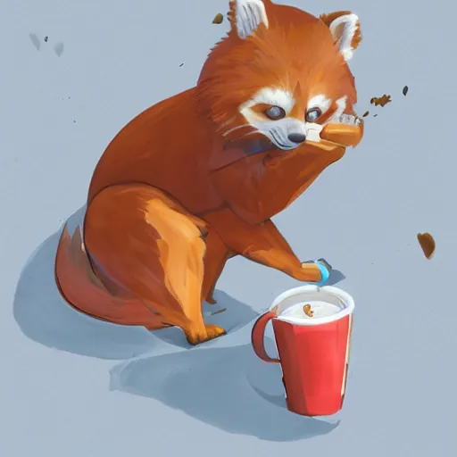 Image similar to anthropomorphic red panda drinking coffee in a cafe, character art, painting, trending on artstation