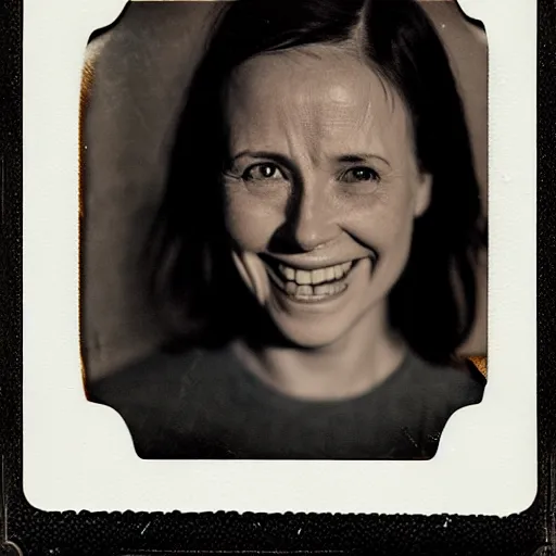 Prompt: portrait of smiling woman. hq photo, surreal, harsh lighting. polaroid type 6 0 0. fear. unnerving. menacing. supernatural. horror.