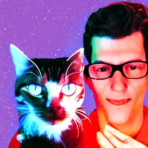 Image similar to portrait of neil cicierega holding his cat in the dark, red lighting, black background, their right eyes have lens flares