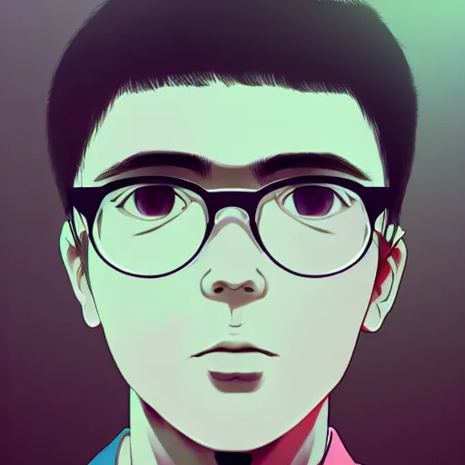 Prompt: portrait of a cute nerdy young man with round glasses and black hair, anime portrait by beeple, trending on artstation, detailed face,