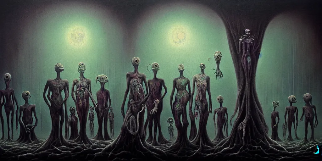 Image similar to creatures lurking in the collective unconscious, in a dark surreal painting by ronny khalil