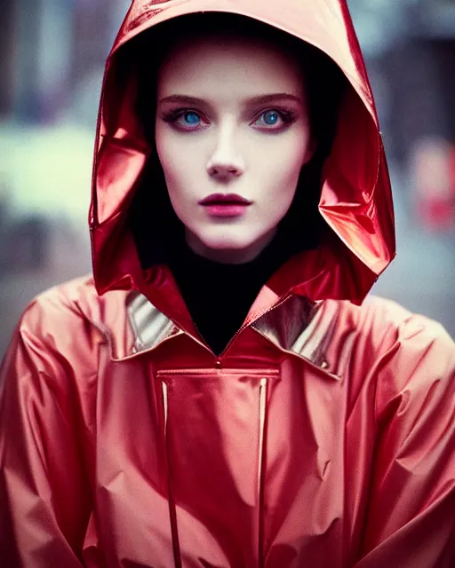 Image similar to detailed portrait kodak portra 800; grainy film European Pretty Young Girl Storm Rain bladerunner movie Reflective jacket coat, Futuristic sci-fi fashion, royal attire Perfect face, fine details, realistic shaded, fine-face, pretty face