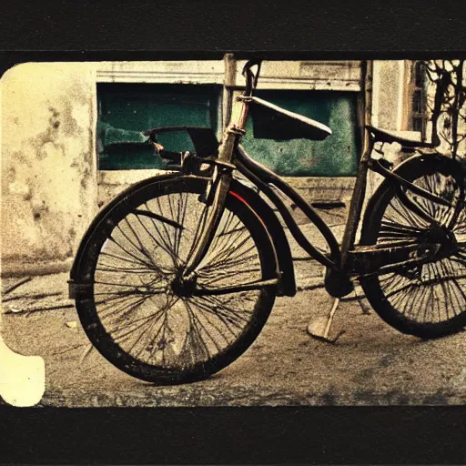 Image similar to artistic photos of a bike macro lenses. polaroid. city of genoa. old. scratched. vintage.