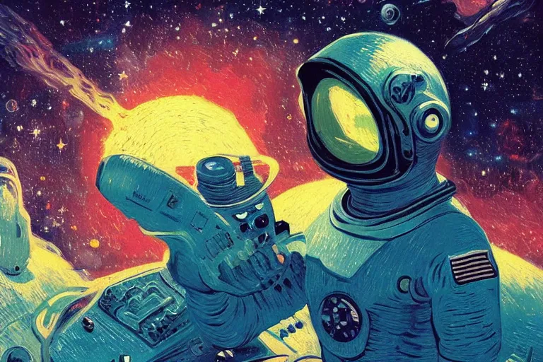 Prompt: digital painting of an astronaut in space, by paul lehr and vincent di fate and van gogh, highly detailed, intricate, science fiction, galaxies, stars, supernova, black hole, galaxy, planet, void, artstation, portrait, cinematic lighting, studio ghibli color pallette, neon lights, trippy, retrofuturism, portrait