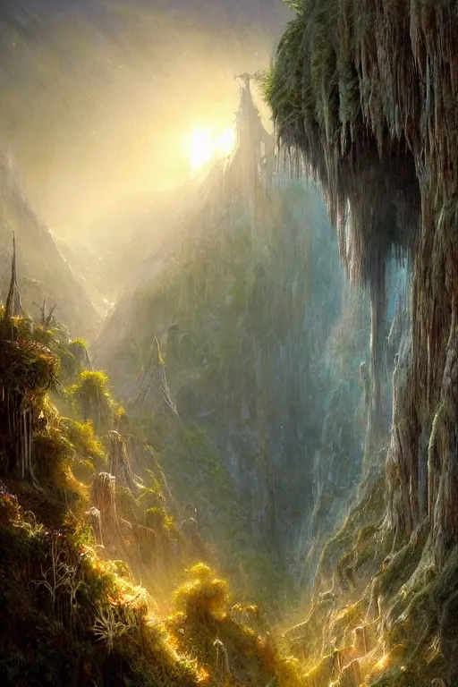 Image similar to amazing concept painting, by Jessica Rossier and HR giger and Beksinski, Rivendell, terraces, hallucination, garden of eden