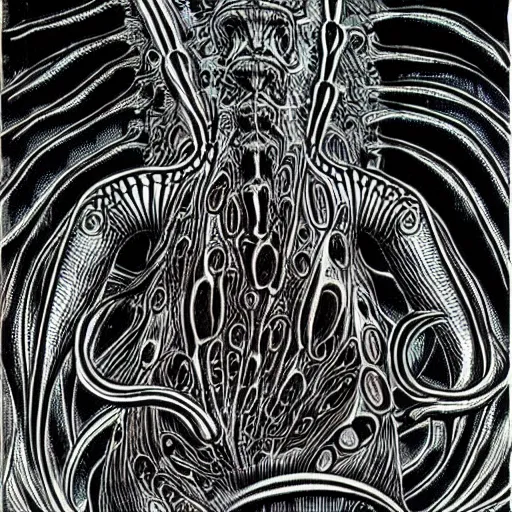 Image similar to eldritch frog abomination of unimaginable horror by h. r. giger and junji ito, speculative evolution, op art with big bold patterns