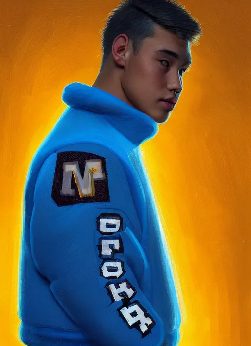 Image similar to portrait of high school senior boy named big moose, blonde short hair, jock, beefy, wide face, square jaw, square facial structure, blue varsity jacket with letter r, intricate, elegant, glowing lights, highly detailed, digital painting, artstation, concept art, sharp focus, illustration, art by wlop, mars ravelo and greg rutkowski