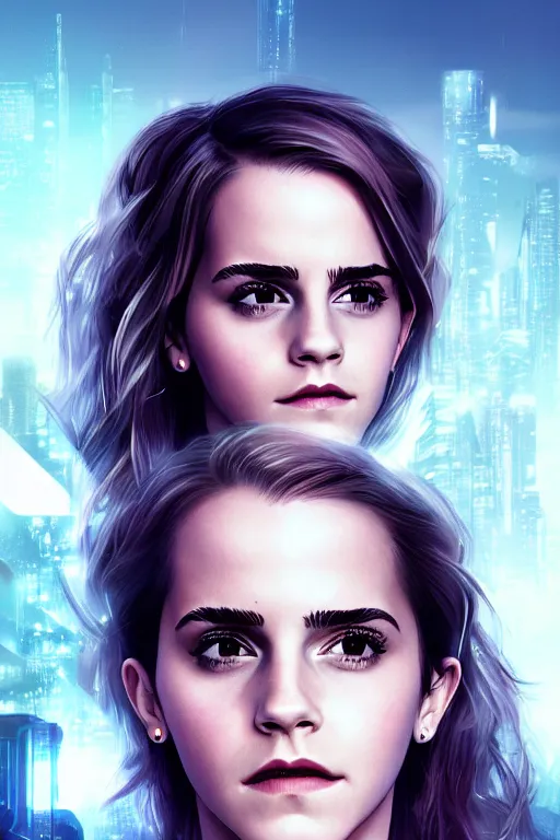 Image similar to Emma Watson, head and shoulders portrait, the background is a huge futuristic city, cyberpunk style futuristic neon lights, artstation cgsociety masterpiece highly-detailed