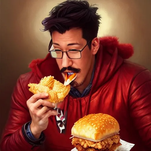 Image similar to Markiplier eating a KFC zinger, closeup, D&D style, fantasy, intricate, elegant, highly detailed, digital painting, artstation, concept art, matte, sharp focus, illustration, art by Artgerm and Greg Rutkowski and Alphonse Mucha