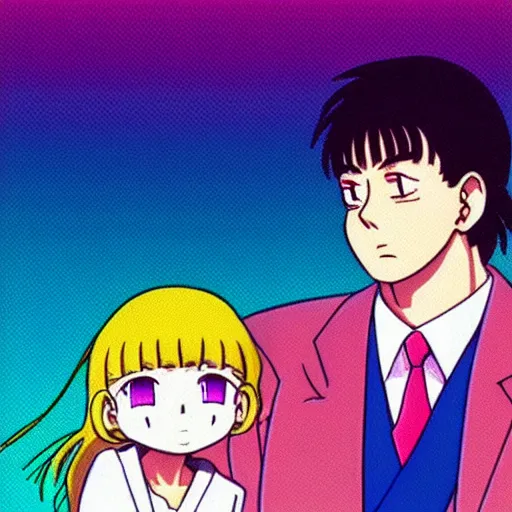 Prompt: ivanka and donald trump, sprite, vaporwave nostalgia, directed by beat takeshi, visual novel cg, 8 0 s anime vibe, kimagure orange road, maison ikkoku, sketch by akira toriyama