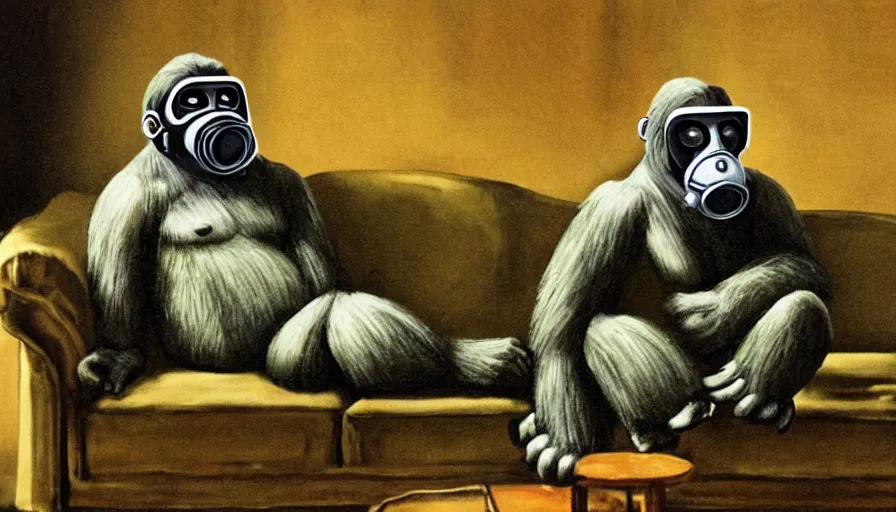 Image similar to great ape wearing a gas mask sitting on a couch, in the style of gregory crewdson