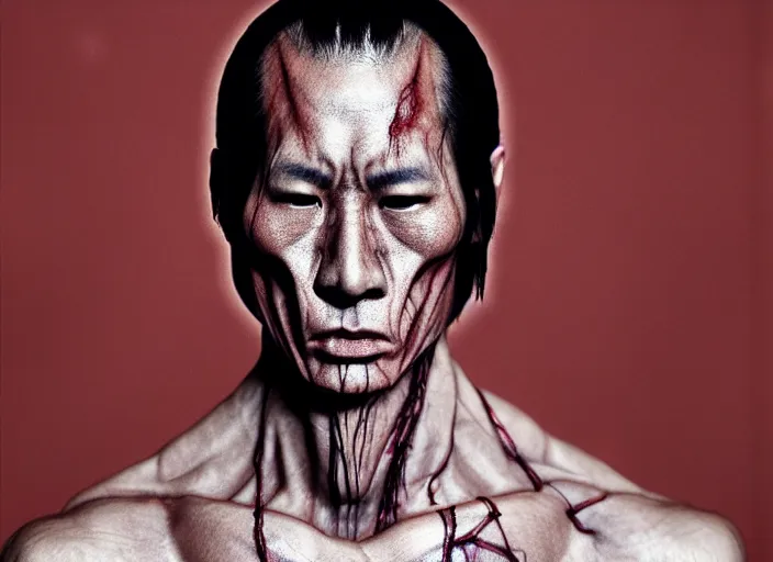 Prompt: mid shot portrait of samurai with invisible skin, visible bones and muscle and veins and nerves and internal organs, in the style of david cronenberg, high fashion, id magazine, realistic, sharp focus, 8 k high definition, film photography, photo realistic, insanely detailed, by david kostic and stanley lau and artgerm