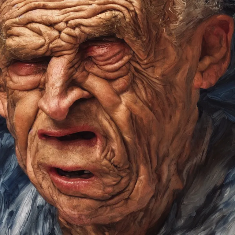 Prompt: warmly lit close up studio portrait of aging angry!! screaming! old Seinfeld age 115 wrinkled furious!, impasto oil painting thick brushstrokes by Lucian Freud and Cy Twombly and Tim Hawkinson , trending on artstation dramatic lighting Expressionism