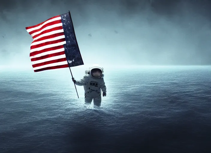 Image similar to astronaut underwater holding a flag in the bottom of the ocean. a submarine is visible in the distance. dark, concept art, cinematic, dramatic, atmospheric, 8 k, trending on artstation, low visibility, fog, ocean floor, christopher nolan, interstellar