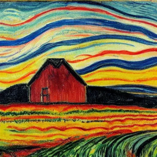 Image similar to a small vintage farm on fire in a corn field in the style of Edvard Munch