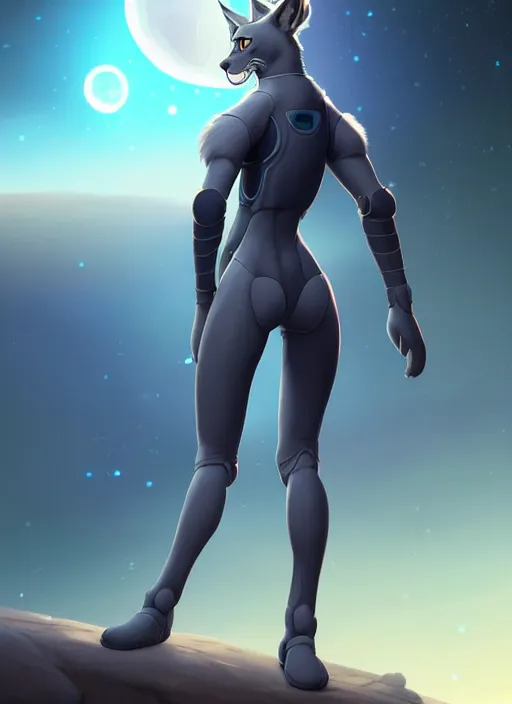 Prompt: wide angle beautiful full body portrait of a strong female anthropomorphic anthro lynx fursona from behind wearing a futuristic space suit. paw pads instead of feet, character design by disney, anime, manga, charlie bowater, ross tran, artgerm, and makoto shinkai, detailed, soft lighting, rendered in octane