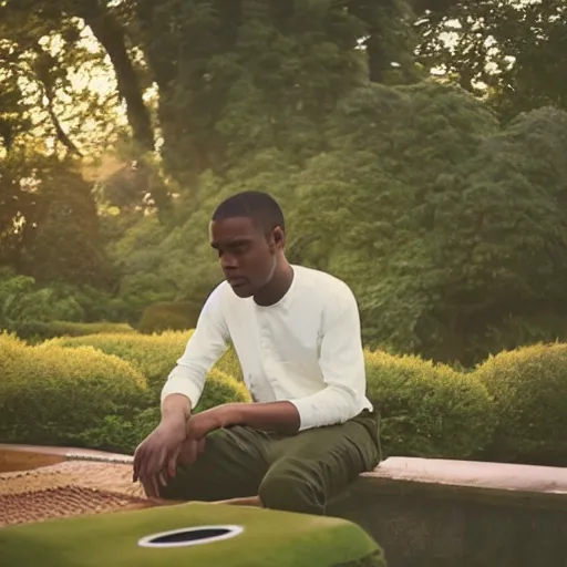 Image similar to Frank Ocean playing the piano in the middle of a garden by Wes Anderson, vintage camera, dreamy, atmospheric, golden hour, cinematic lighting, 8K concept art, melancholy