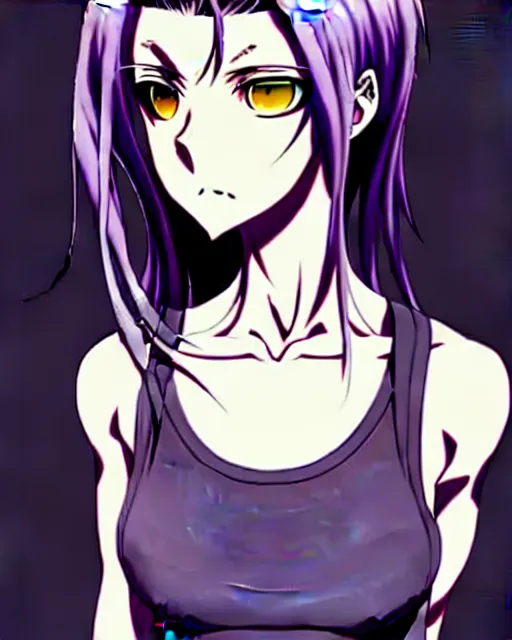 Image similar to style of madhouse studio anime, black lagoon manga, loish, artgerm, rafael albuquerque comic art, portrait of revy from black lagoon, symmetrical eyes and symmetrical face, jean shorts, white tank top, purple hair, sarcastic evil smirk on face, sky and ocean background