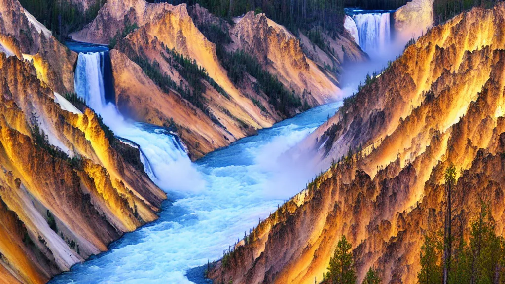 Image similar to Yellowstone river valley, lower falls, medium format digital camera, golden hour, photorealistic