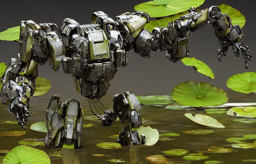 Prompt: amphibious waterlily mobile suit combat mecha textured like water lettuce whose head and top half is shaped like nymphaea flower, cinematic lighting, petals being robotic limbs, waterlily pads, biomechanical, hyperdetailed, bandai box art, 8 k hd resolution, behance hd artstation. # power armor # pistia # waterlily # nymphaea